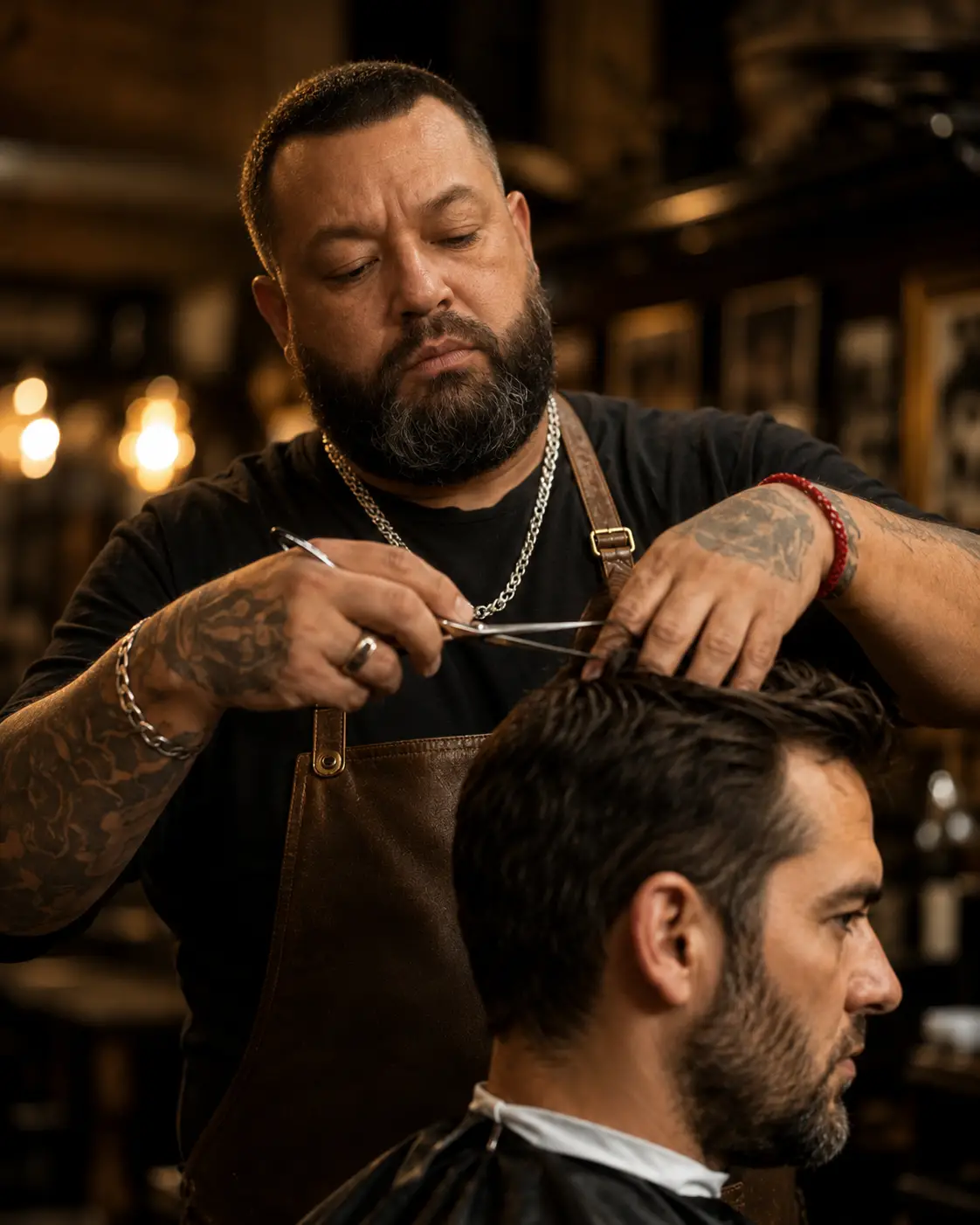 Peluquero de Scissorhands cortando el pelo a un cliente en su peluquería de hombres en Quilpué